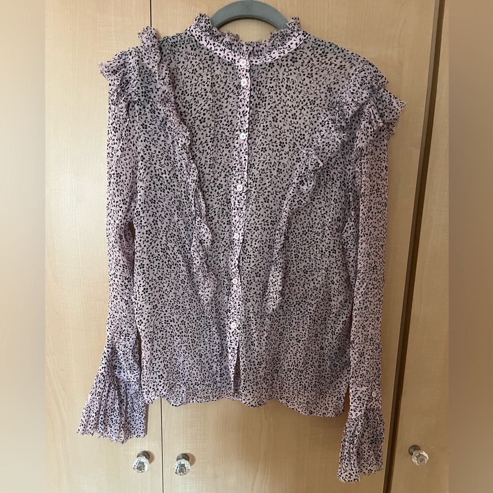 Zadig & Voltaire blouse, pink, ruffle collar, bell sleeves button down size L